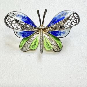 Vintage Signed 800 Silver Filigree Butterfly Enamel Brooch Blue Green